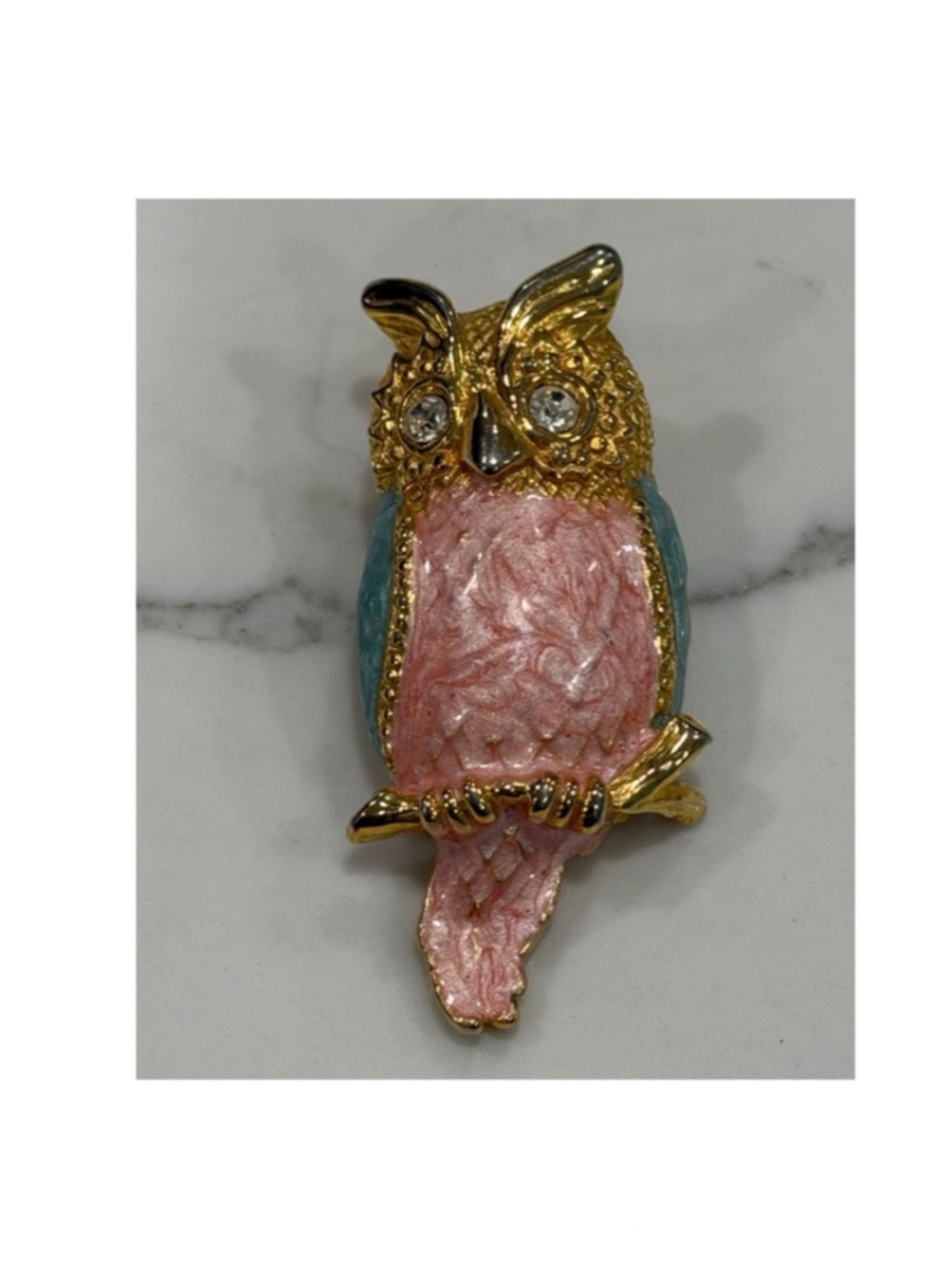 Vintage Owl Brooch Gold Pink Blue One Size